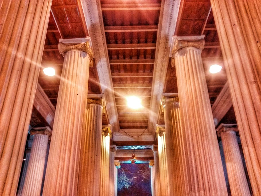 pillars, vintage, architecture, low angle view, illuminated HD wallpaper