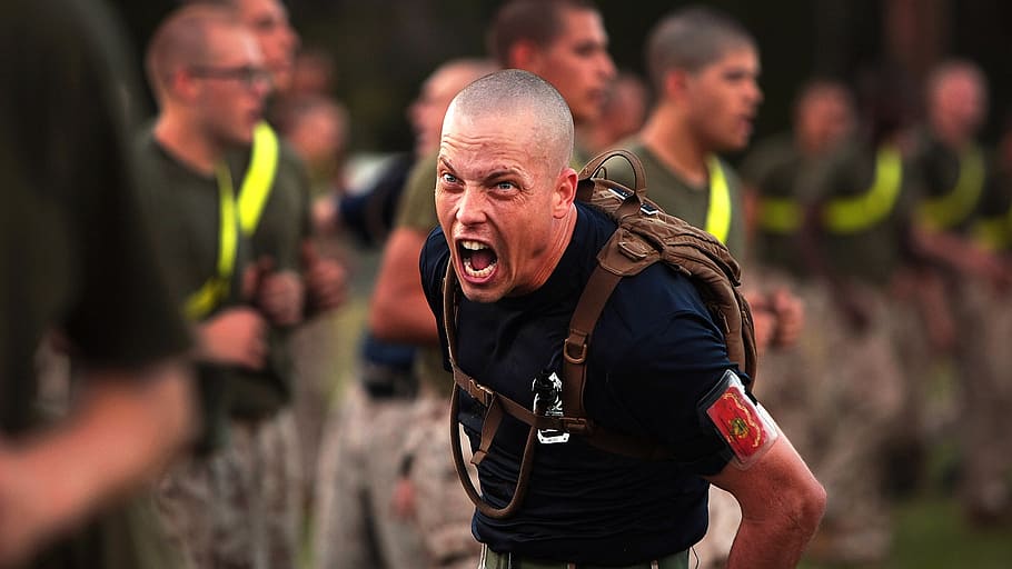 man carrying backpack making face, military, drill instructor HD wallpaper