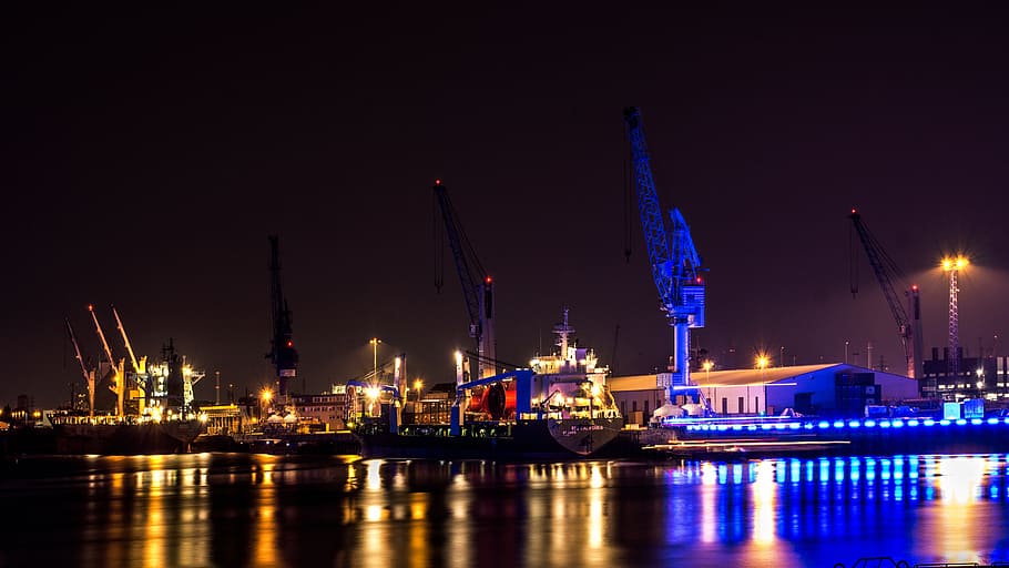 hamburg, port, ships, night, cranes, water, nautical vessel, HD wallpaper