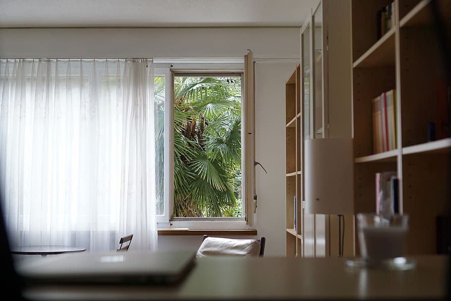 white window curtain, white curtain near wooden cabinet inside room HD wallpaper