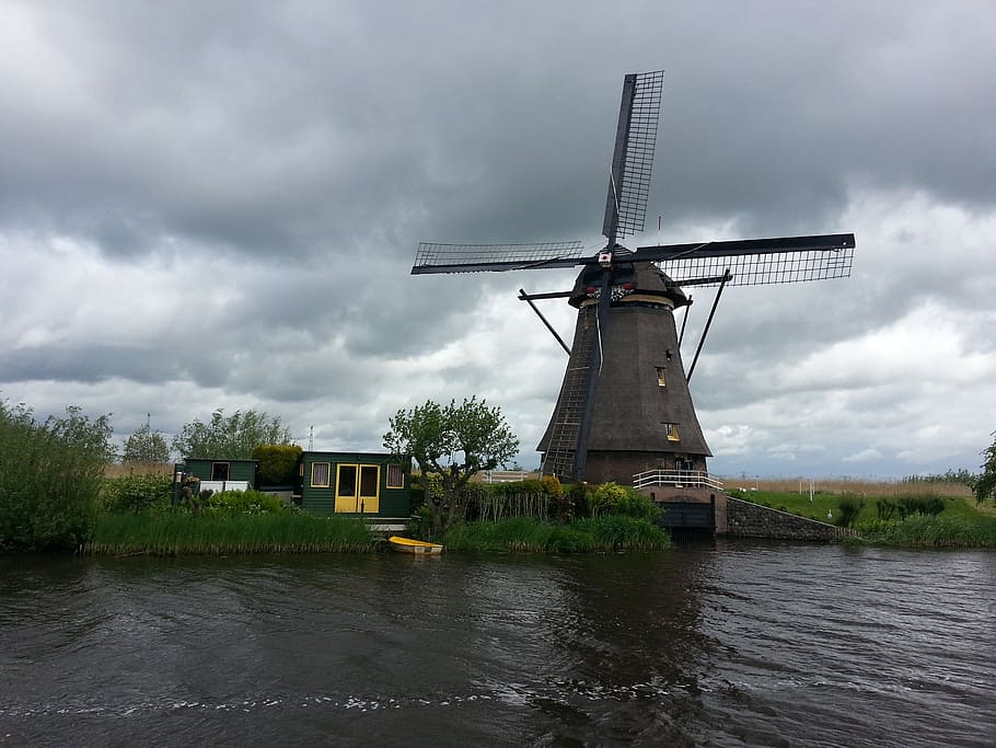netherlands, holland, windmill, channel, trueb, waterways, kinderdijk, HD wallpaper