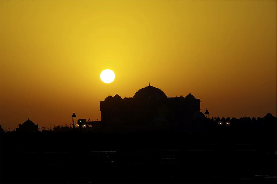 silhouette photography of dome temple at golden hour, yellow HD wallpaper