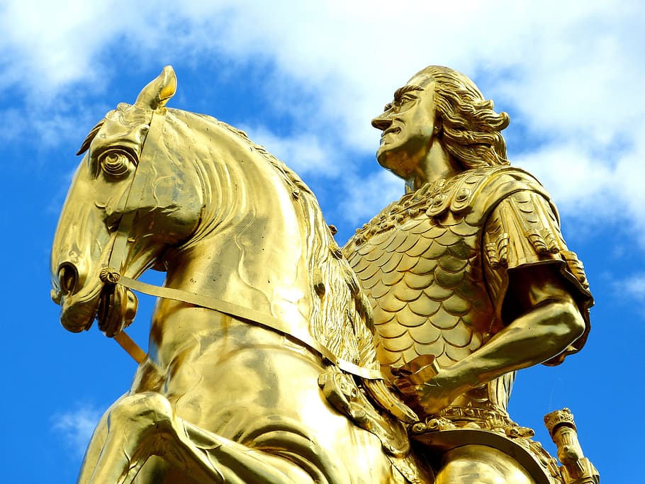 gold-colored man riding on horse statue, monument, golden rider, HD wallpaper