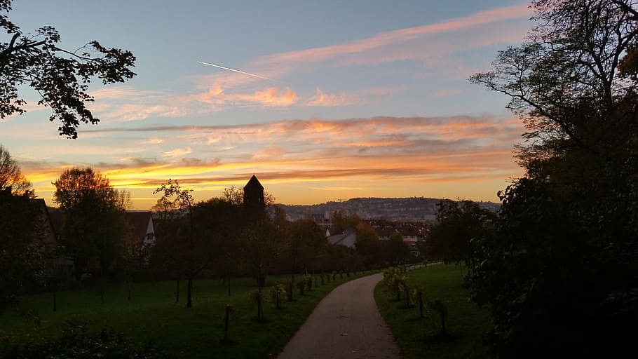 abendstimmung, sunset, park, stuttgart, mountain villa, plant HD wallpaper