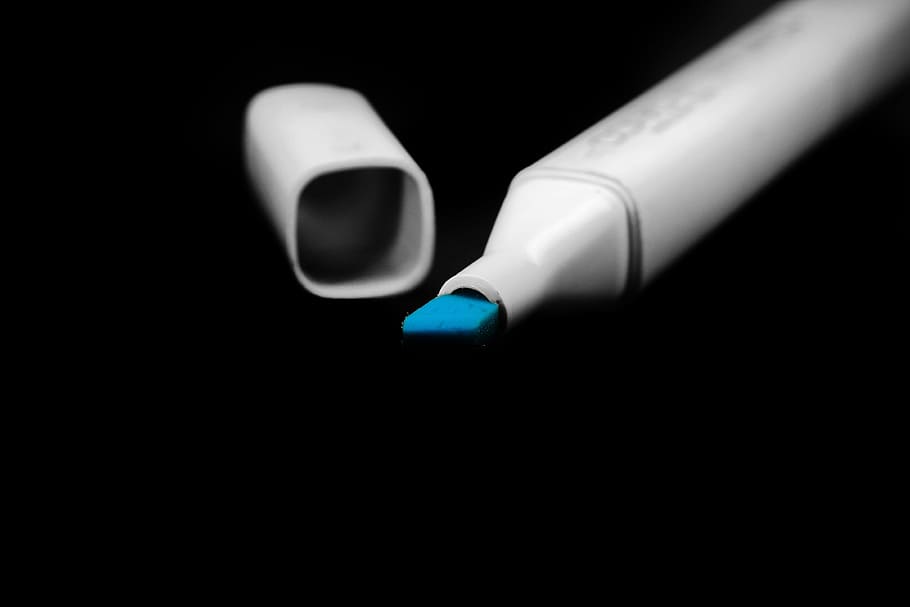 blue marker, copic, pen, draw, black background, studio shot