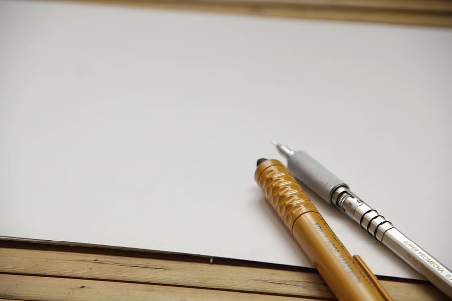 gold-colored and silver-colored pens on white surface, Creative HD wallpaper
