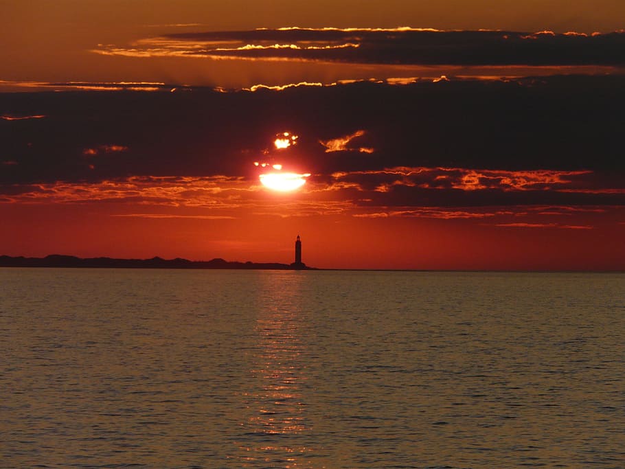 Sunset, Lighthouse, Sea, Water, sky, by the sea, clouds, harbour entrance HD wallpaper