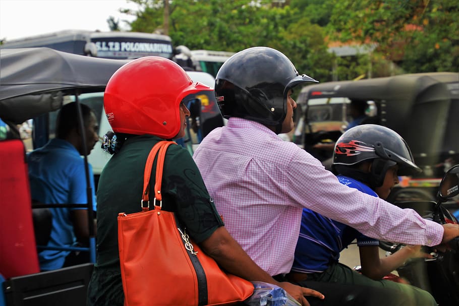 helmet, red, three, motor, people, vehicles, sri lanka, adult, HD wallpaper