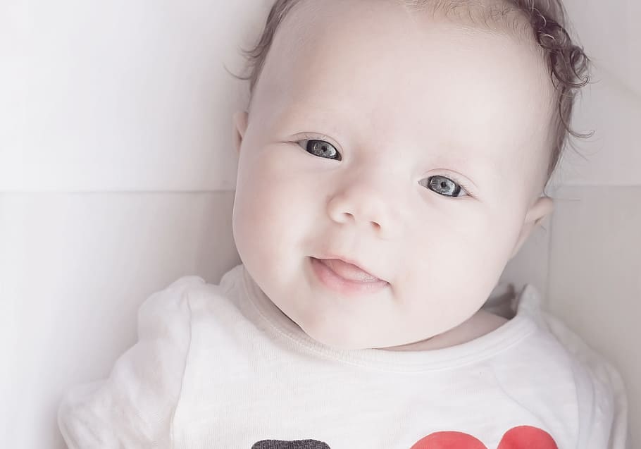 baby's white top, person, cute, face, portrait, emotion, happy HD wallpaper