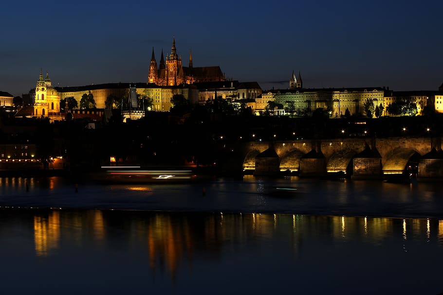 prague, night, bridge, castle, architecture, built structure HD wallpaper