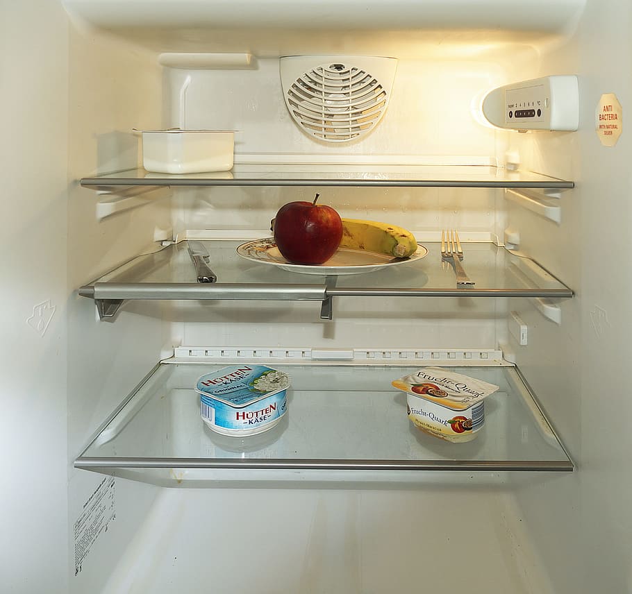 almost time, fasting, refrigerator, apple, banana, empty, starve