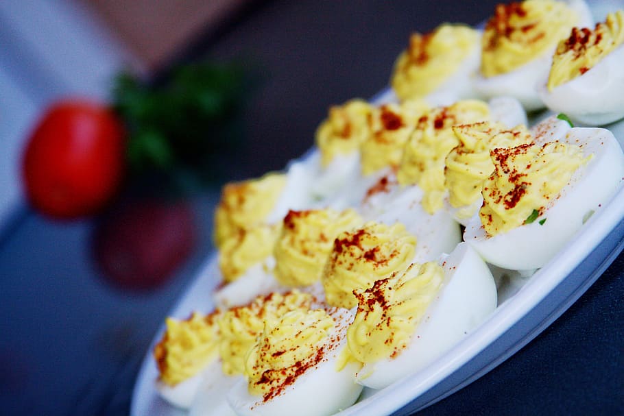 cream pastries on plate, home cooking, deviled eggs, food and drink HD wallpaper