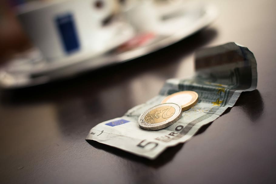 Some Euros in Cafe, broke, cash, coins, currency, desk, detail