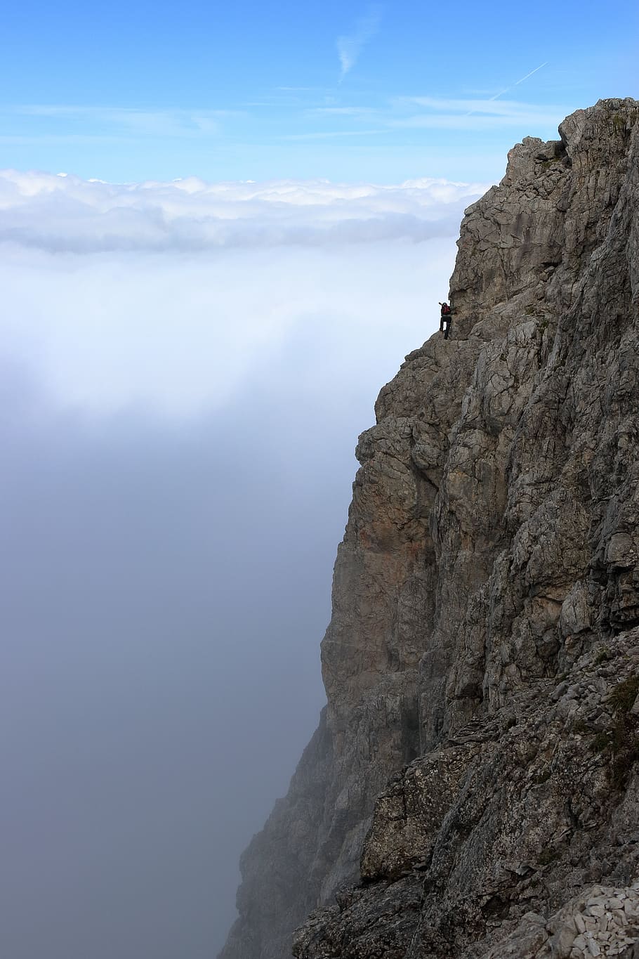 clouds, rock, climber, exposed, steep, climbing, sky, cloud - sky HD wallpaper