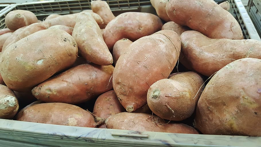 sweet potatoes on gray crates, food, grocery, tuber, root vegetable