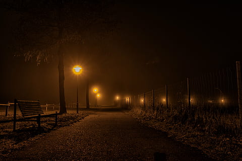 street with lights at night, evening, clouds, dusk, mood, abendstimmung HD wallpaper