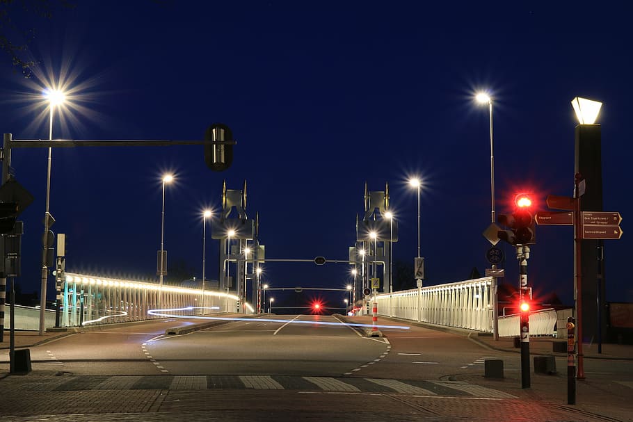 bridge, road, asphalt, lantern, street scene, long exposure HD wallpaper