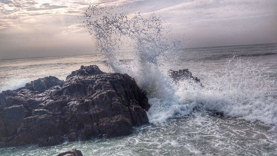 beach, water, clouds, stone, sky, sea, motion, power, power in nature HD wallpaper