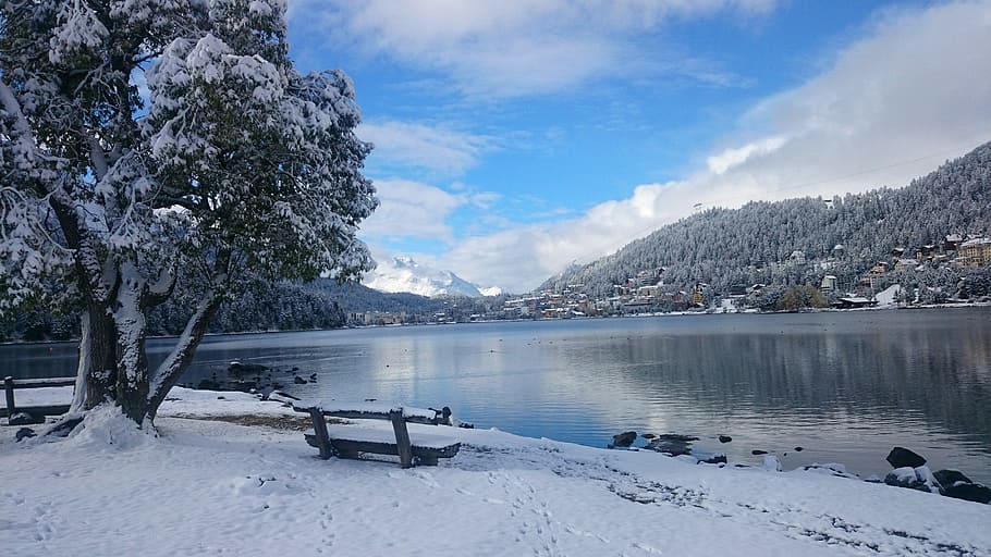 bench, winter, landscape, mountains, lake, the alps, the beauty of the mountains HD wallpaper