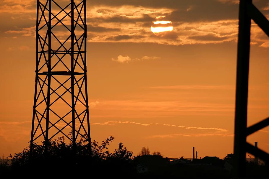 sunset, current, strommast, steel, high voltage, pylon, power line HD wallpaper