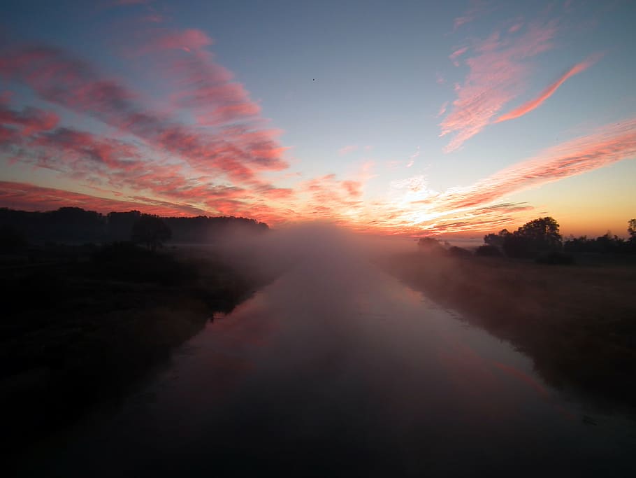 cloudy, dusk, fields, fog, mist, nature, river, sunrise, sunset HD wallpaper