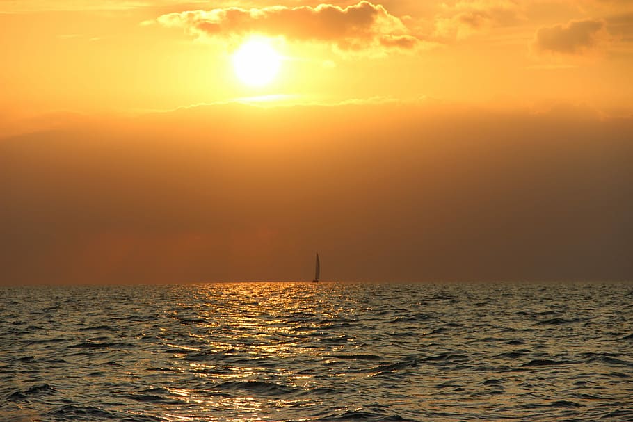 Sunset, Sail, Sea, Ship, Evening, Sky, evening sky, yacht, lake HD wallpaper