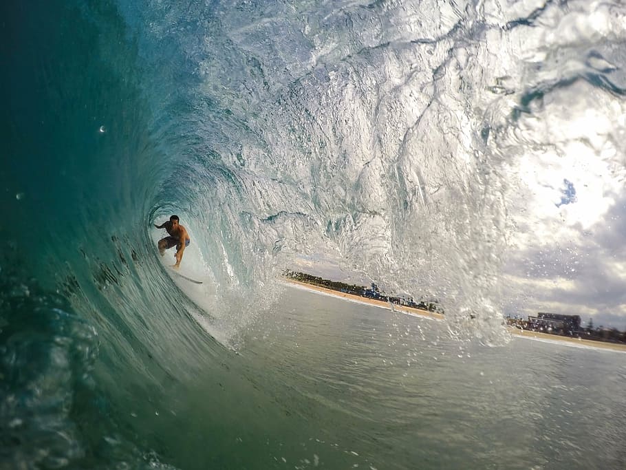man surfing on ocean wave, riding, surfboard, cloud, sea, waves HD wallpaper