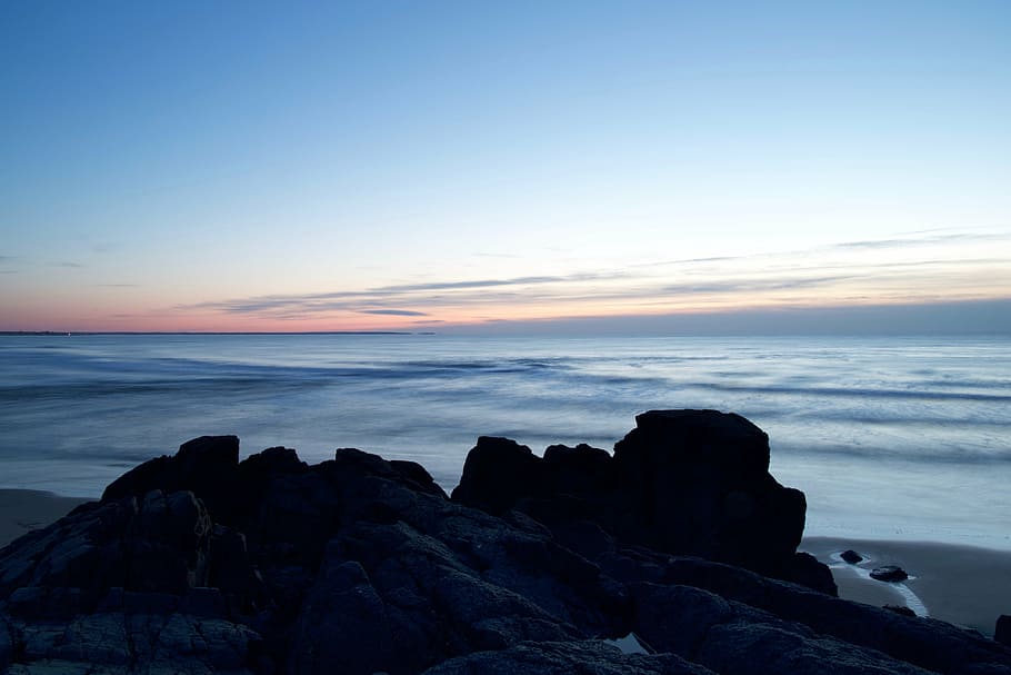 beach, dawn, dusk, horizon, landscape, nature, ocean, rocks HD wallpaper