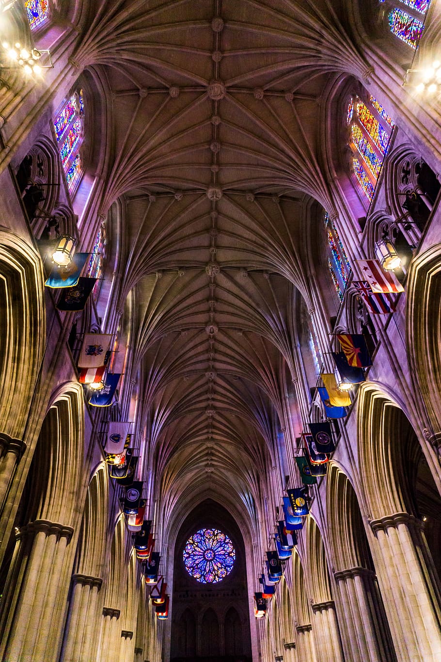 low angle shot interior photography of cathedral with multicolored stained glass windows, architectural photography of catherdral HD wallpaper