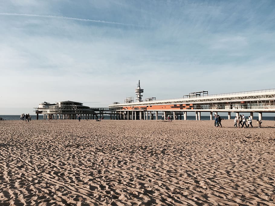 scheveningen, pier, beach, sea, coast, architecture, sand, built structure, HD wallpaper