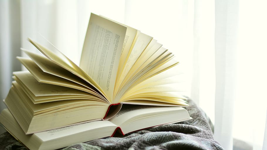 two open books inside room, book pages, pitched, read, literature HD wallpaper
