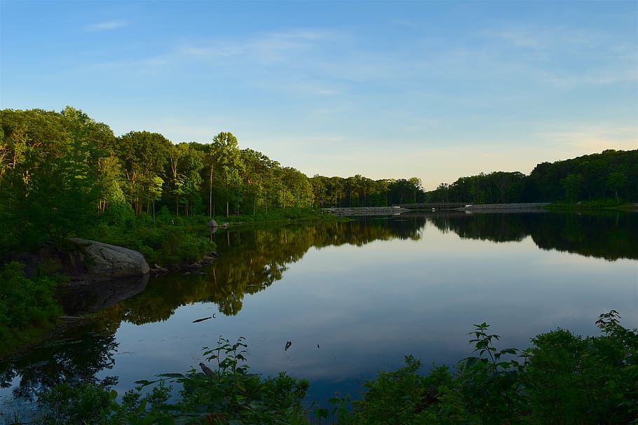 lake, water, reflection, nature, landscape, blue, sky, sunset HD wallpaper