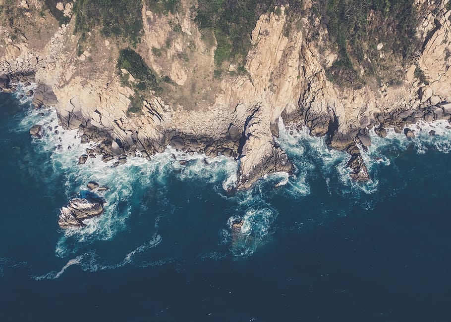 aerial photography of sea near mountain, high, angle, body HD wallpaper