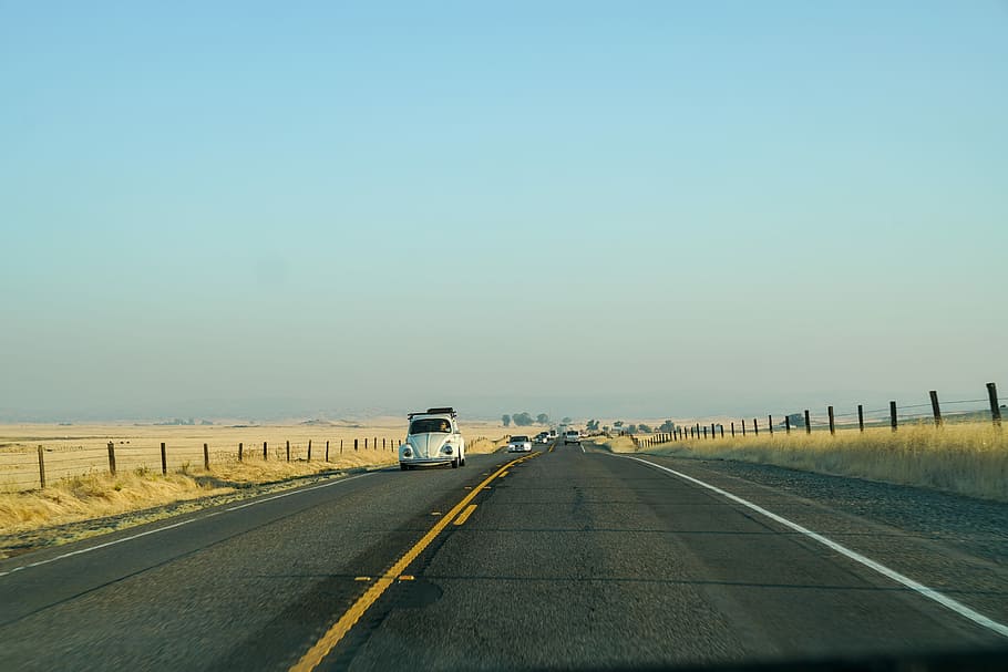 white car on concrete road, white Volkswagen beetle on road during daytime HD wallpaper