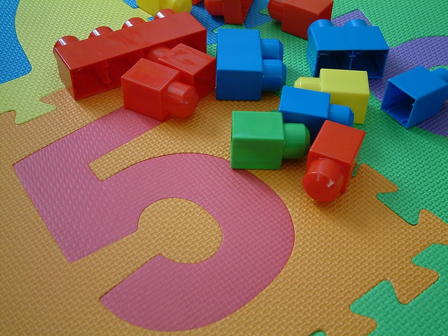 assorted-colored interlock toys on jigsaw mat, kids, pieces, 5
