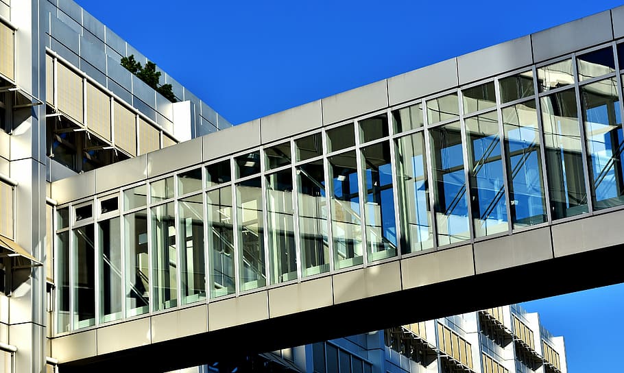 low angle photography of building bridge, connection, architecture HD wallpaper