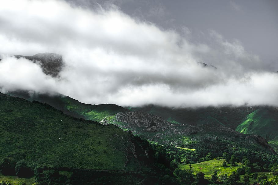aerial view of mountain, green mountain under white cloudy sky HD wallpaper