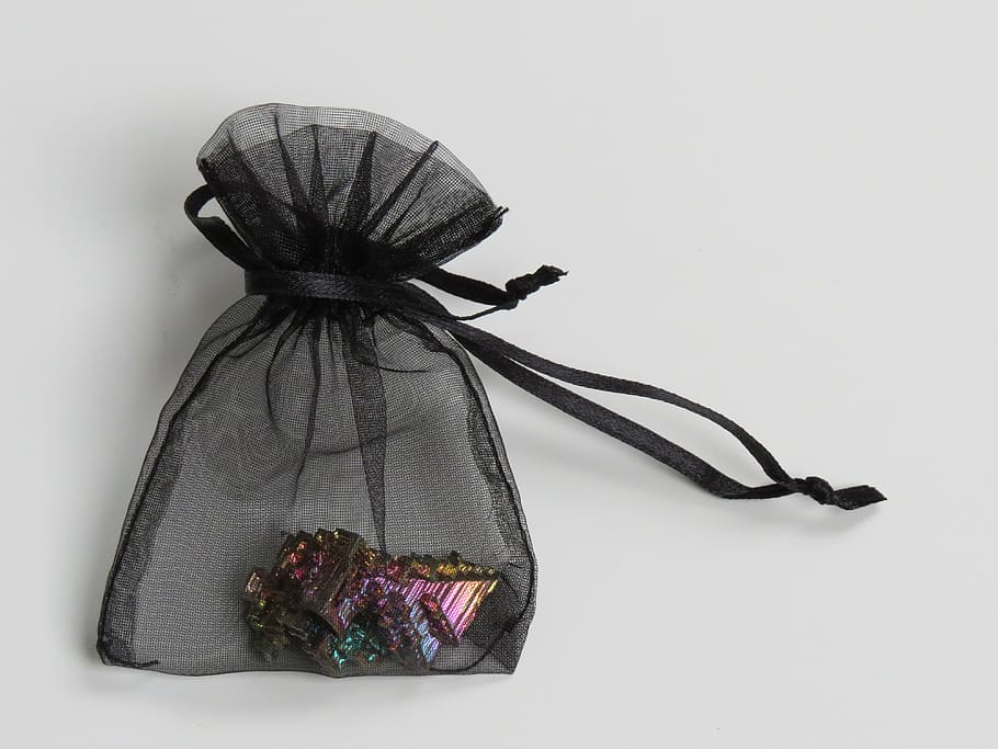 bag, gift bag, black, gem, mineral, bismuth, iridescent, studio shot HD wallpaper
