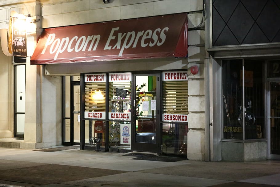 popcorn express, store, night, closed, shop, america, fast food, HD wallpaper