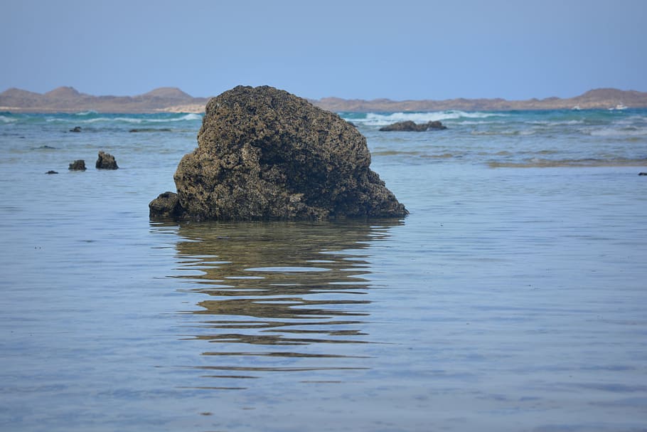 rock, nature, sea, reflection, azure blue, landscape, water HD wallpaper