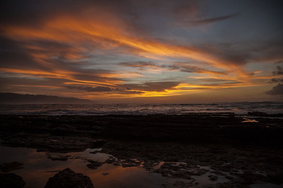 Sunset, Oahu, Hawaii, Landscape, Ocean, sea, shore, clouds HD wallpaper
