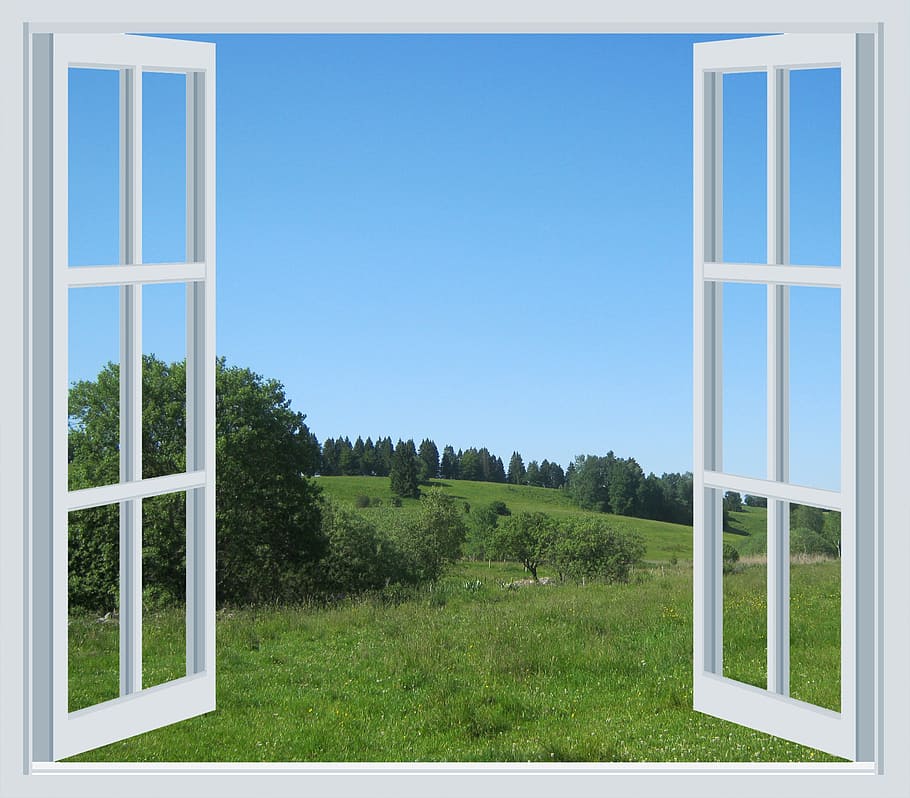 white wood-framed glass 2-door window with green trees, mountain meadow, HD wallpaper