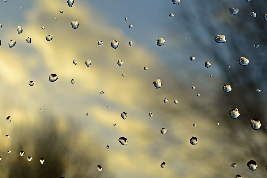 rain, raindrops, water drops, air, blue, trees, clouds, rhombus HD wallpaper