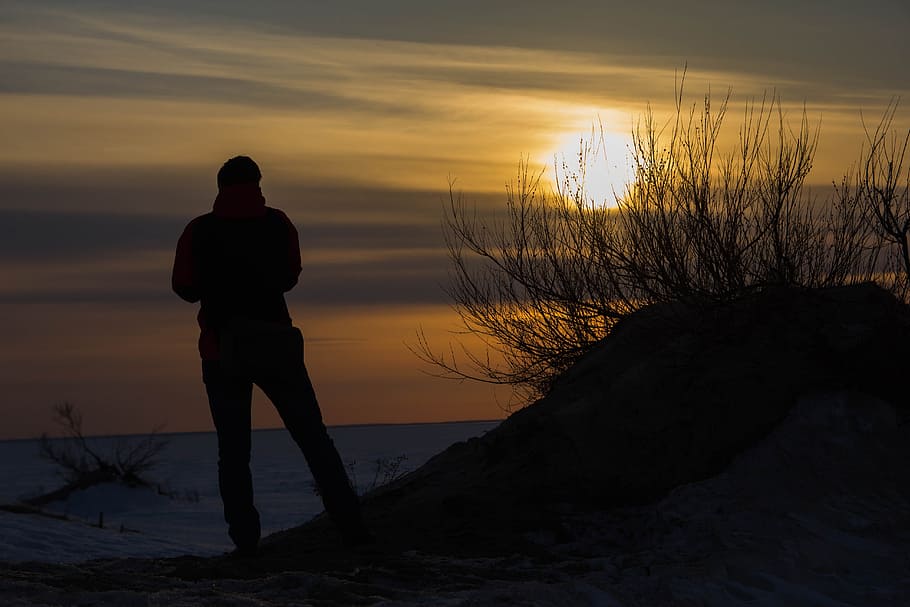 Image, Man, Sun, Sunset, Nature, Evening, silence, light, snow HD wallpaper