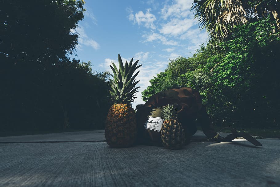 backpack, bag, camouflage, clouds, concrete, fruit, healthy HD wallpaper