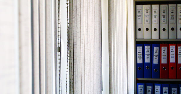 closed vertical blinds, office, folder, shelf, window, company HD wallpaper