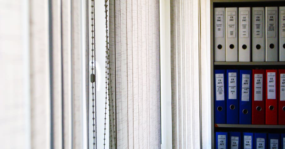 closed vertical blinds, office, folder, shelf, window, company HD wallpaper