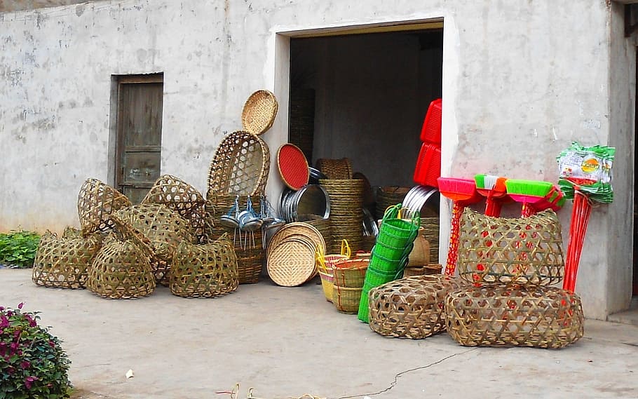 haikou, china, building, structure, baskets, handmade, stacked HD wallpaper
