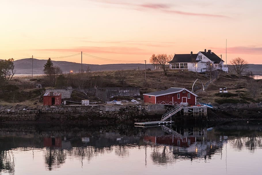 house near lake under golden hour, norway, coast, sunset, architecture HD wallpaper