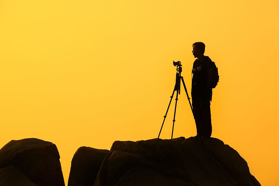 yellow, sunset, dusk, shadow, silhouette, photographer, camera HD wallpaper